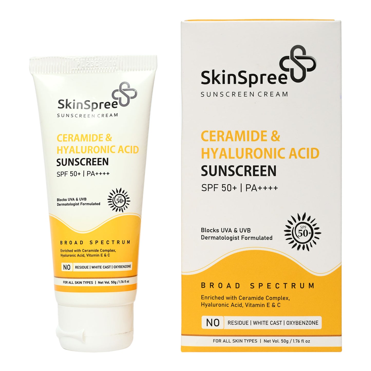 SkinSpree Ceramide & Hyaluronic Acid Sunscreen Cream 50g SPF 50+ PA++++ for UVA/B & Blue Light Protection | Fragrance-Free & Color-Free | For Glowing & Hydrating Skin | Broad Spectrum