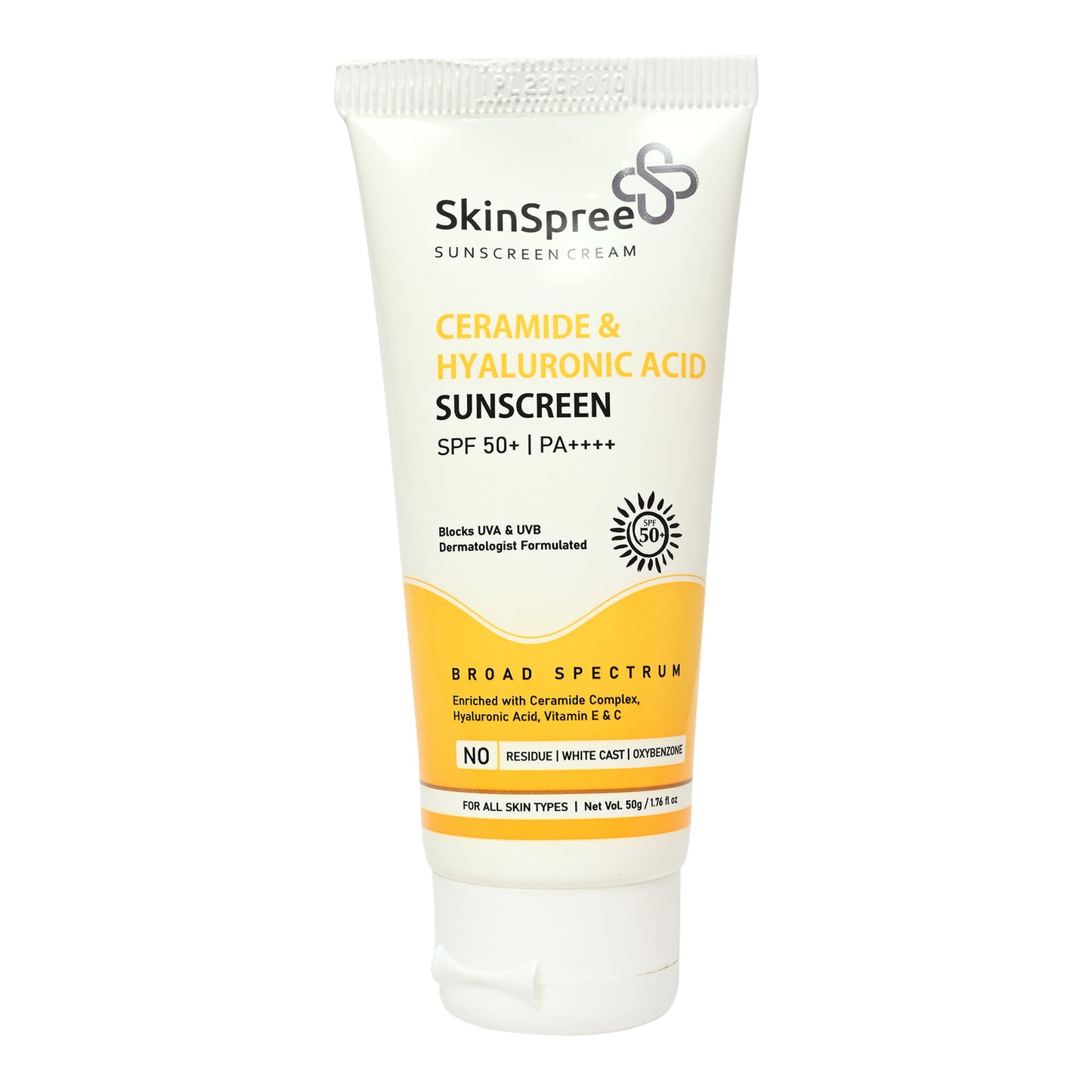 SkinSpree Ceramide & Hyaluronic Acid Sunscreen Cream 50g SPF 50+ PA++++ for UVA/B & Blue Light Protection | Fragrance-Free & Color-Free | For Glowing & Hydrating Skin | Broad Spectrum