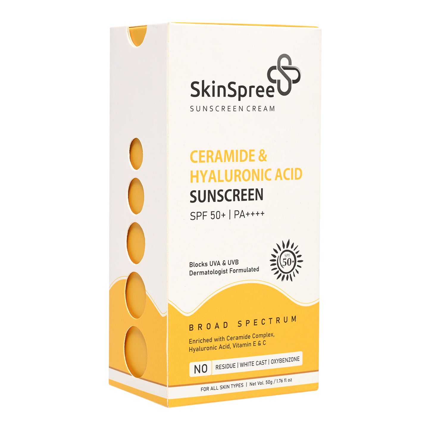 SkinSpree Ceramide & Hyaluronic Acid Sunscreen Cream 50g SPF 50+ PA++++ for UVA/B & Blue Light Protection | Fragrance-Free & Color-Free | For Glowing & Hydrating Skin | Broad Spectrum