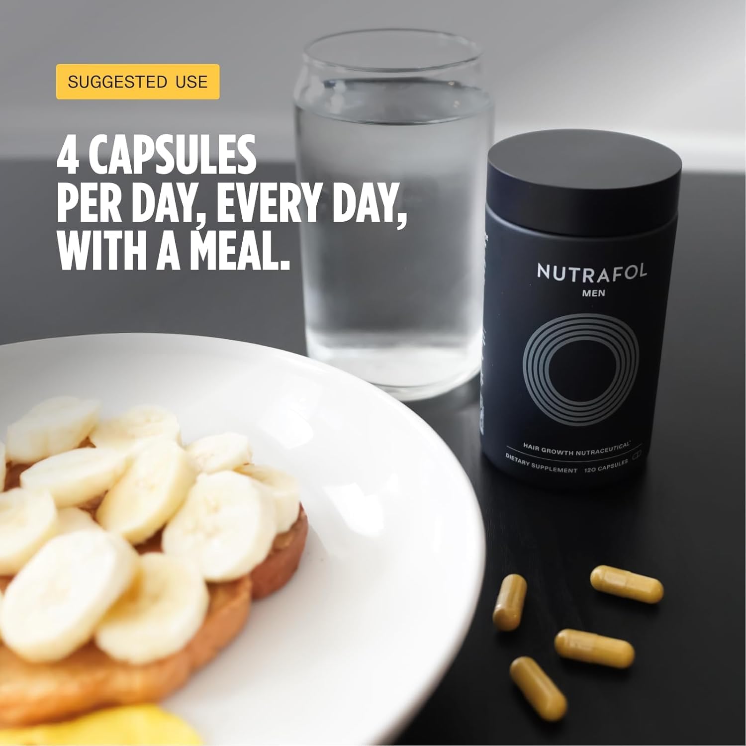 Nutrafol Men hair growth supplement for ages 18–49, with an open bottle, capsules and NSF Certified for Sport testing information. Shop Nutrafol Men Hair Growth Supplements for ages 18–49 at StyleMake India. Delivery in India with import duties included and Cash on Delivery (COD) available.  