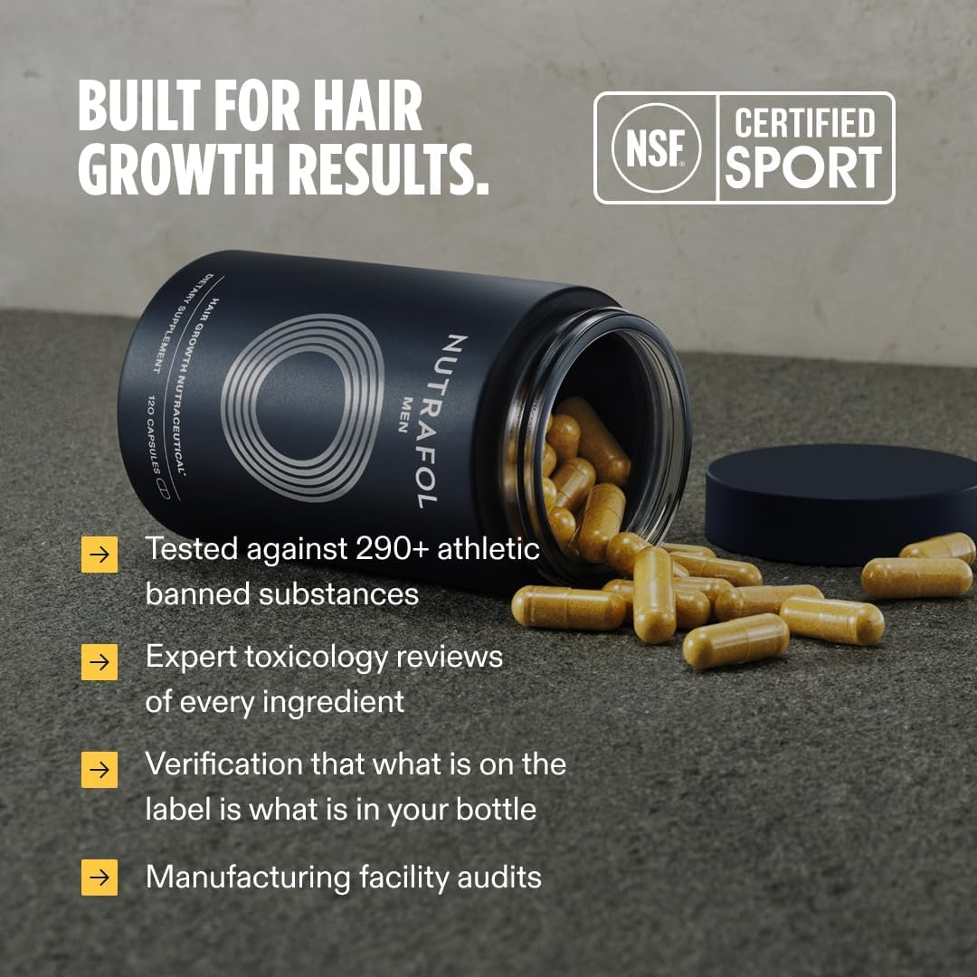 Nutrafol Men hair growth supplement for ages 18–49, with an open bottle, capsules and NSF Certified for Sport testing information. Shop Nutrafol Men Hair Growth Supplements for ages 18–49 at StyleMake India. Delivery in India with import duties included and Cash on Delivery (COD) available.  