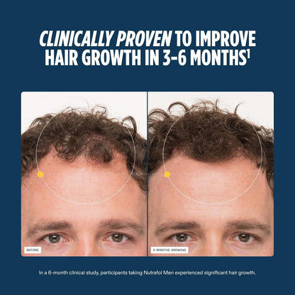 Nutrafol Men hair growth supplement for ages 18–49, with an open bottle, capsules and NSF Certified for Sport testing information. Shop Nutrafol Men Hair Growth Supplements for ages 18–49 at StyleMake India. Delivery in India with import duties included and Cash on Delivery (COD) available.  