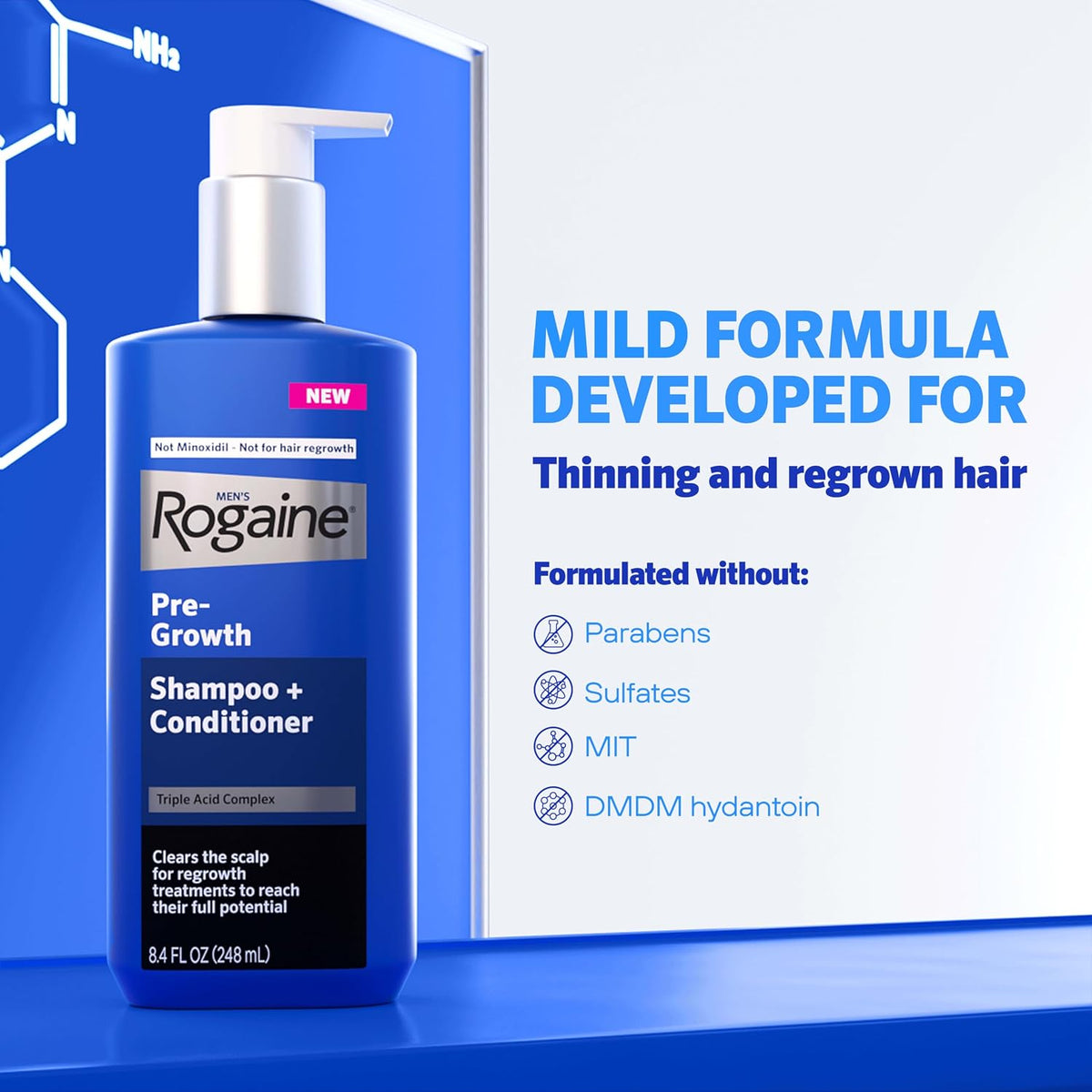 Rogaine shampoo and conditioner bottle with product details on a blue background