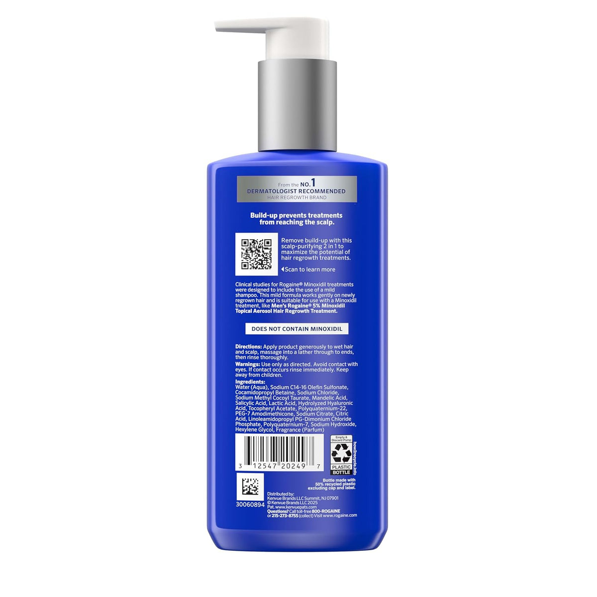 The back of a blue pump bottle of Dermalooct Recommended Hand Washing Formula, showing product information, a barcode, and a QR code on a white background.