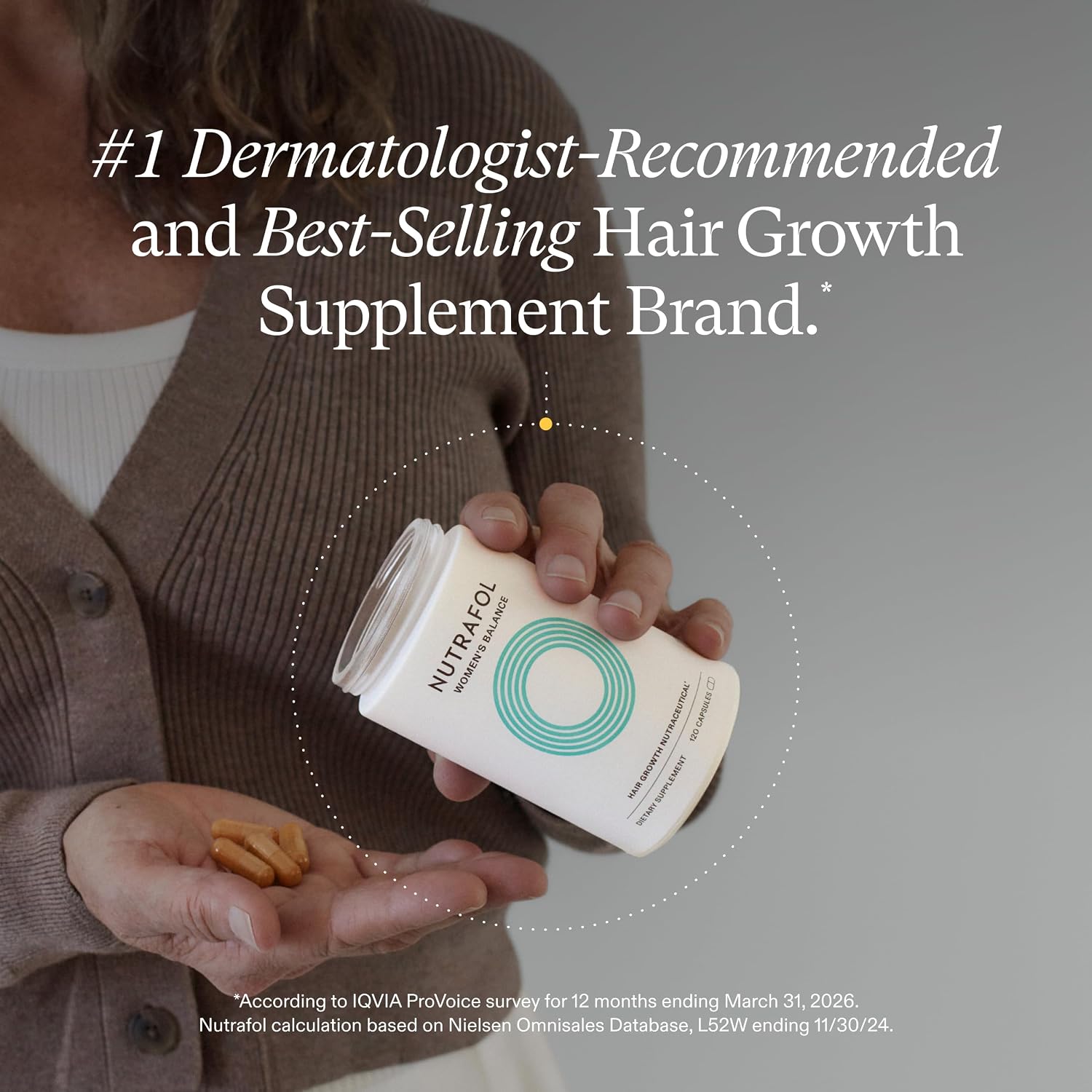 Shop Nutrafol Women’s Balance 45+ at StyleMake India. Delivery in India with import duties included and Cash on Delivery (COD) available. Nutrafol Women’s Balance for women aged 45+, featuring a woman and text describing hair volume, scalp coverage and menopausal hair benefits.  