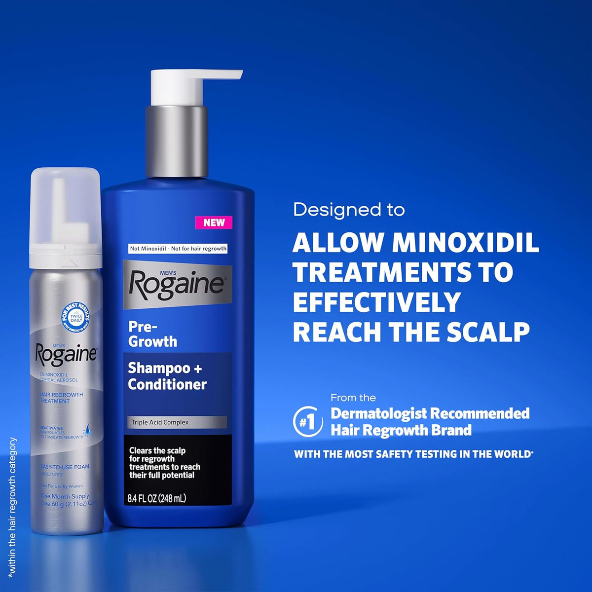 Rogaine shampoo and conditioner bottles on a blue background with promotional text.