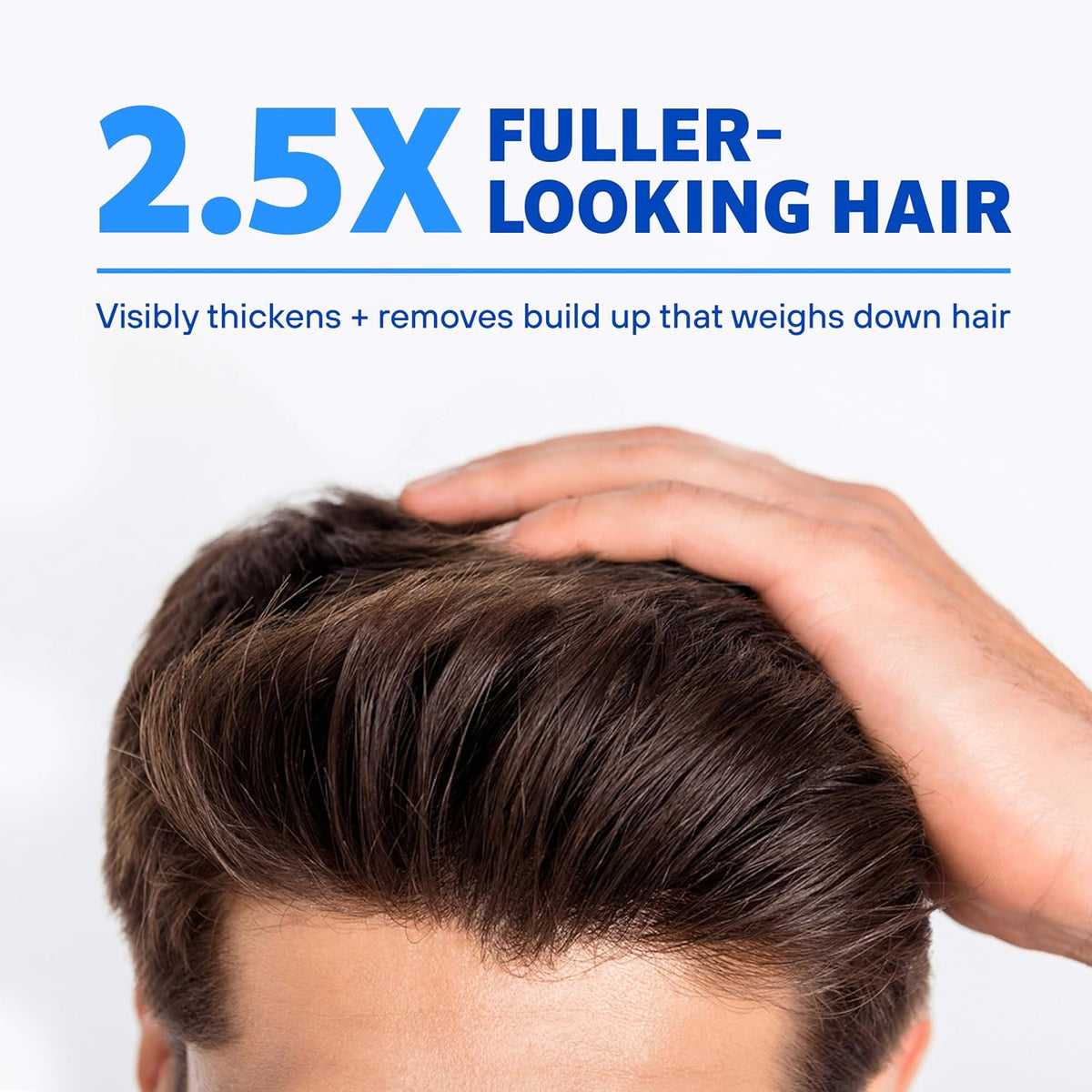 Person with 2.5x fuller-looking hair, showing product effect on hair thickness.