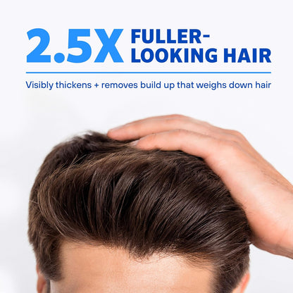 Person with 2.5x fuller-looking hair, showing product effect on hair thickness.