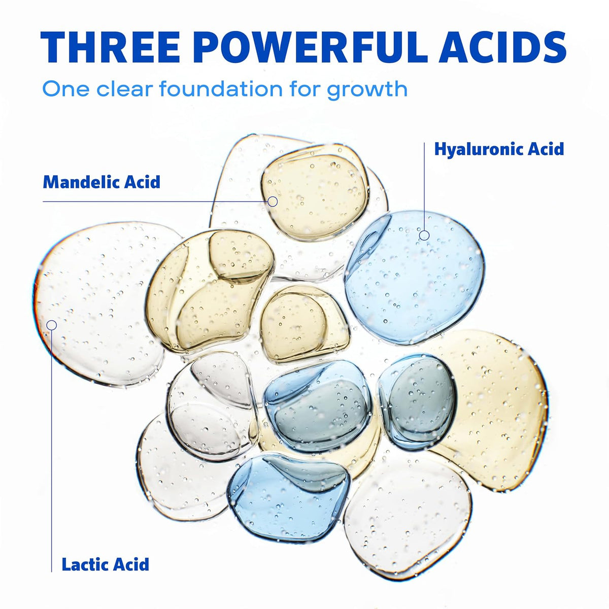 Illustration of three powerful acids labeled Mandelic Acid, Hyaluronic Acid, and Lactic Acid on a white background.