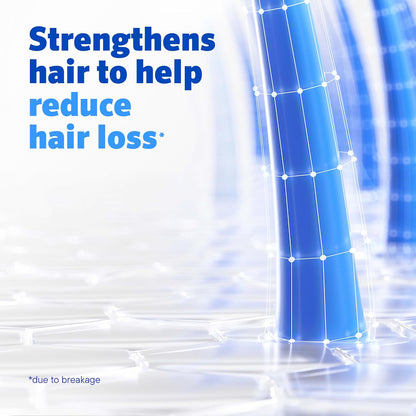 Blue cylindrical object with text about strengthening hair to reduce hair loss on a white background