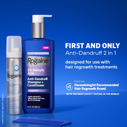 Rogaine shampoo and conditioner bottles with text on a blue background