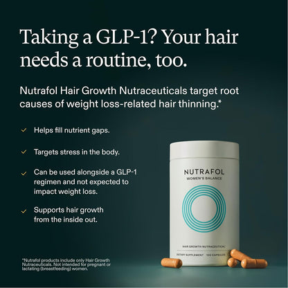 Shop Nutrafol Women’s Balance 45+ at StyleMake India. Delivery in India with import duties included and Cash on Delivery (COD) available. Nutrafol Women’s Balance for women aged 45+, featuring a woman and text describing hair volume, scalp coverage and menopausal hair benefits.  
