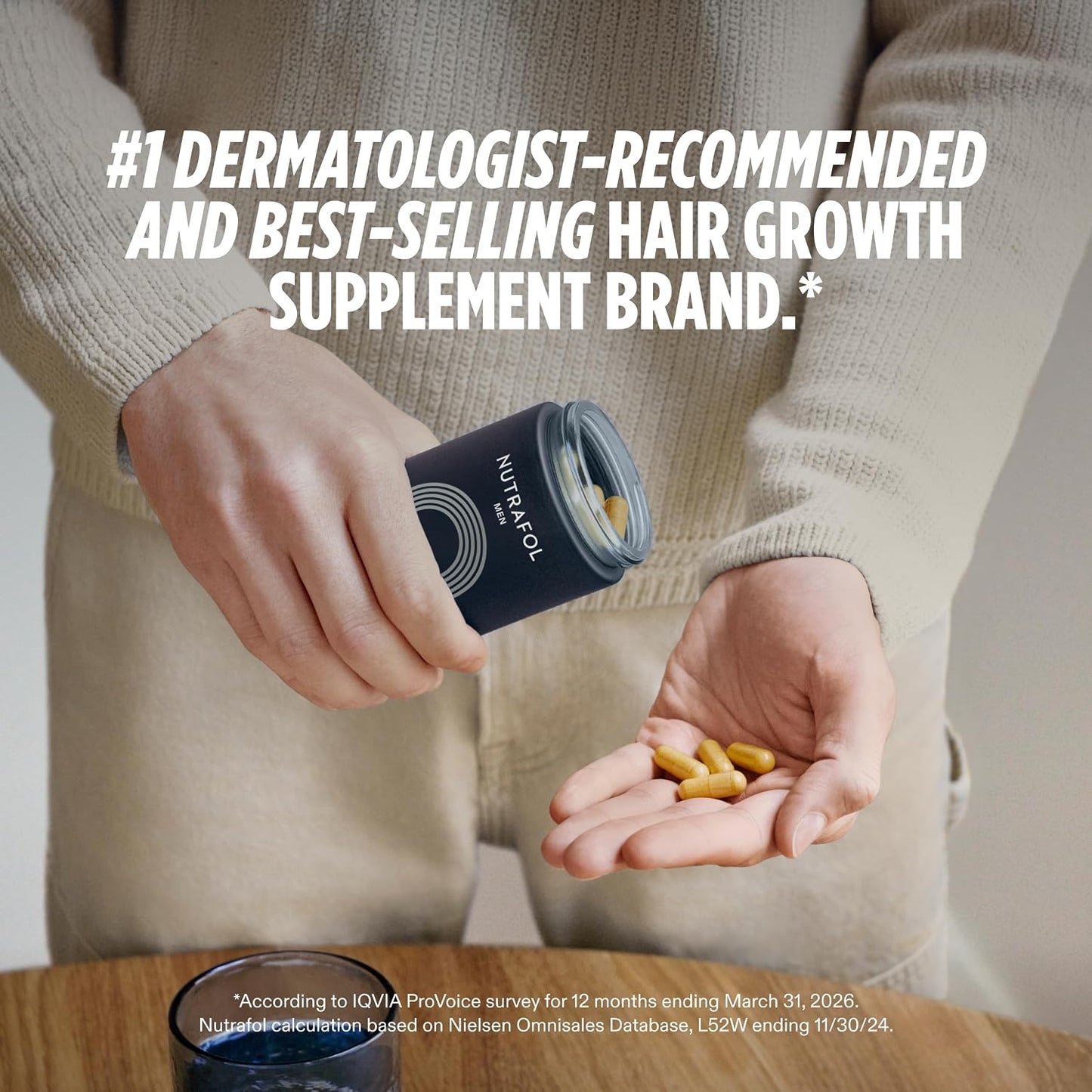 Nutrafol Men hair growth supplement for ages 18–49, with an open bottle, capsules and NSF Certified for Sport testing information. Shop Nutrafol Men Hair Growth Supplements for ages 18–49 at StyleMake India. Delivery in India with import duties included and Cash on Delivery (COD) available.  