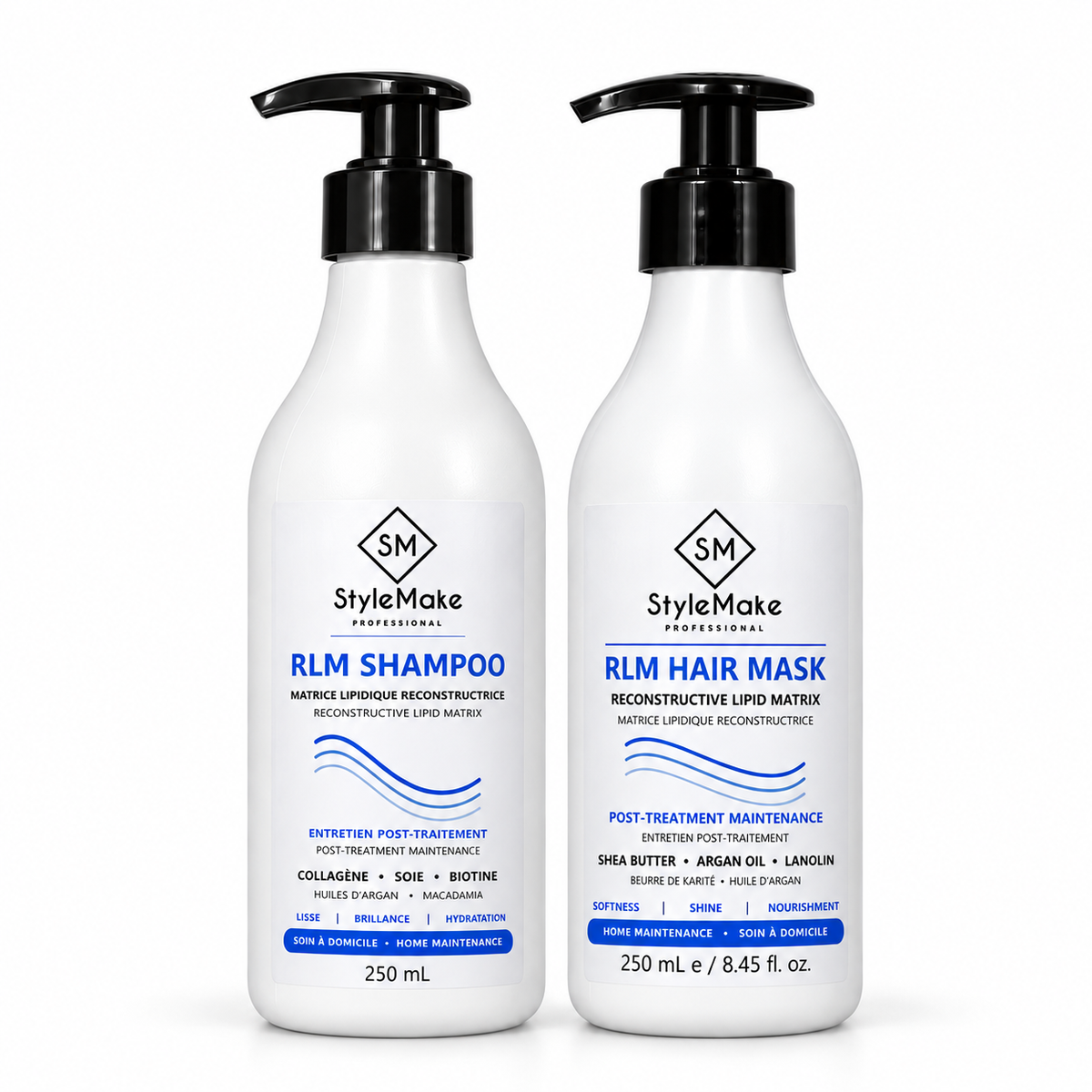 Two white pump bottles of StyleMake Professional hair care products on a white background: a 250 mL bottle of RLM Shampoo on the left and a 250 mL bottle of RLM Hair Mask on the right. StyleMake RLM Shampoo and RLM Hair Mask 250 ml bottles side by side on a white background
