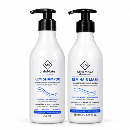 Two white pump bottles of StyleMake Professional hair care products on a white background: a 250 mL bottle of RLM Shampoo on the left and a 250 mL bottle of RLM Hair Mask on the right. StyleMake RLM Shampoo and RLM Hair Mask 250 ml bottles side by side on a white background