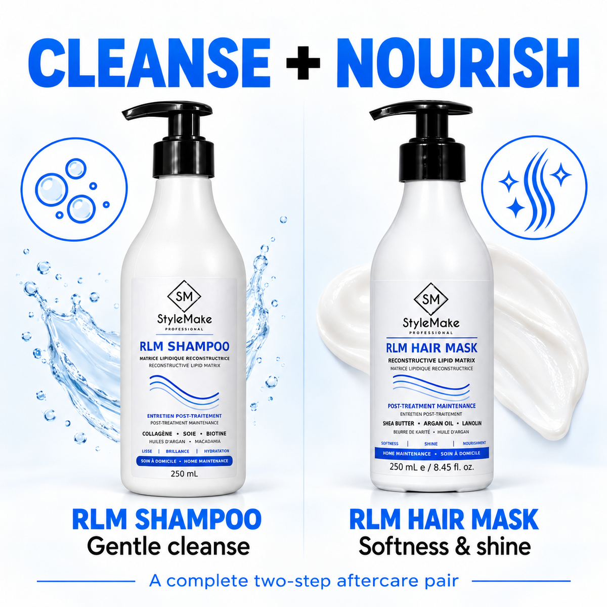 Two white pump bottles of StyleMake RLM hair care products on a light blue background: a 250 mL shampoo bottle labeled 'Gentle cleanse' and a 250 mL hair mask bottle labeled 'Softness + shine,' with large blue text reading 'CLEANSE + NOURISH' and decorative water splash and cream swirl graphics. StyleMake RLM Shampoo and Hair Mask aftercare pair for RIBOTOX and RNA PLASTIA salon services