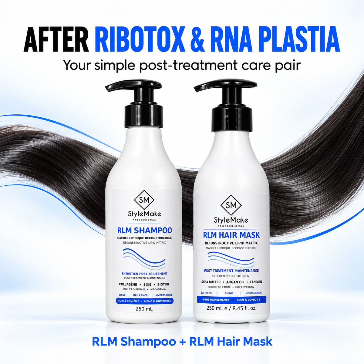 StyleMake RLM Shampoo for gentle cleansing and RLM Hair Mask for softness and shine