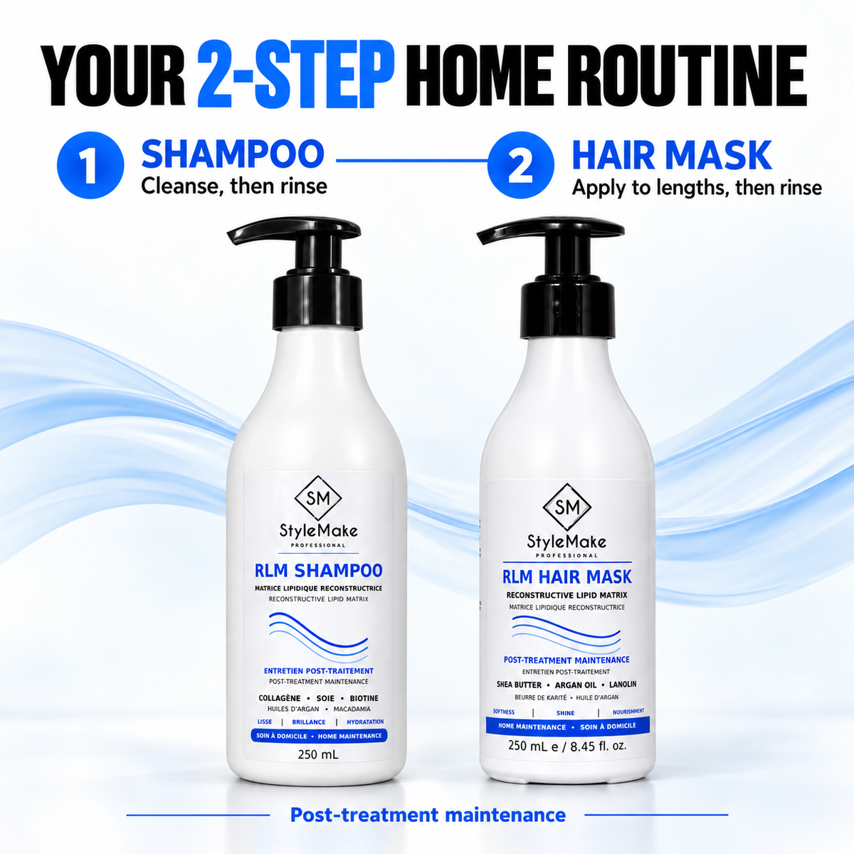 Two white pump bottles of StyleMake RLM hair care products, labeled Shampoo and Hair Mask, with blue and black text and graphic wave accents on a white background.Two-step StyleMake RLM home routine showing shampoo first, followed by hair mask on the lengths