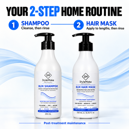 Two white pump bottles of StyleMake RLM hair care products, labeled Shampoo and Hair Mask, with blue and black text and graphic wave accents on a white background.Two-step StyleMake RLM home routine showing shampoo first, followed by hair mask on the lengths