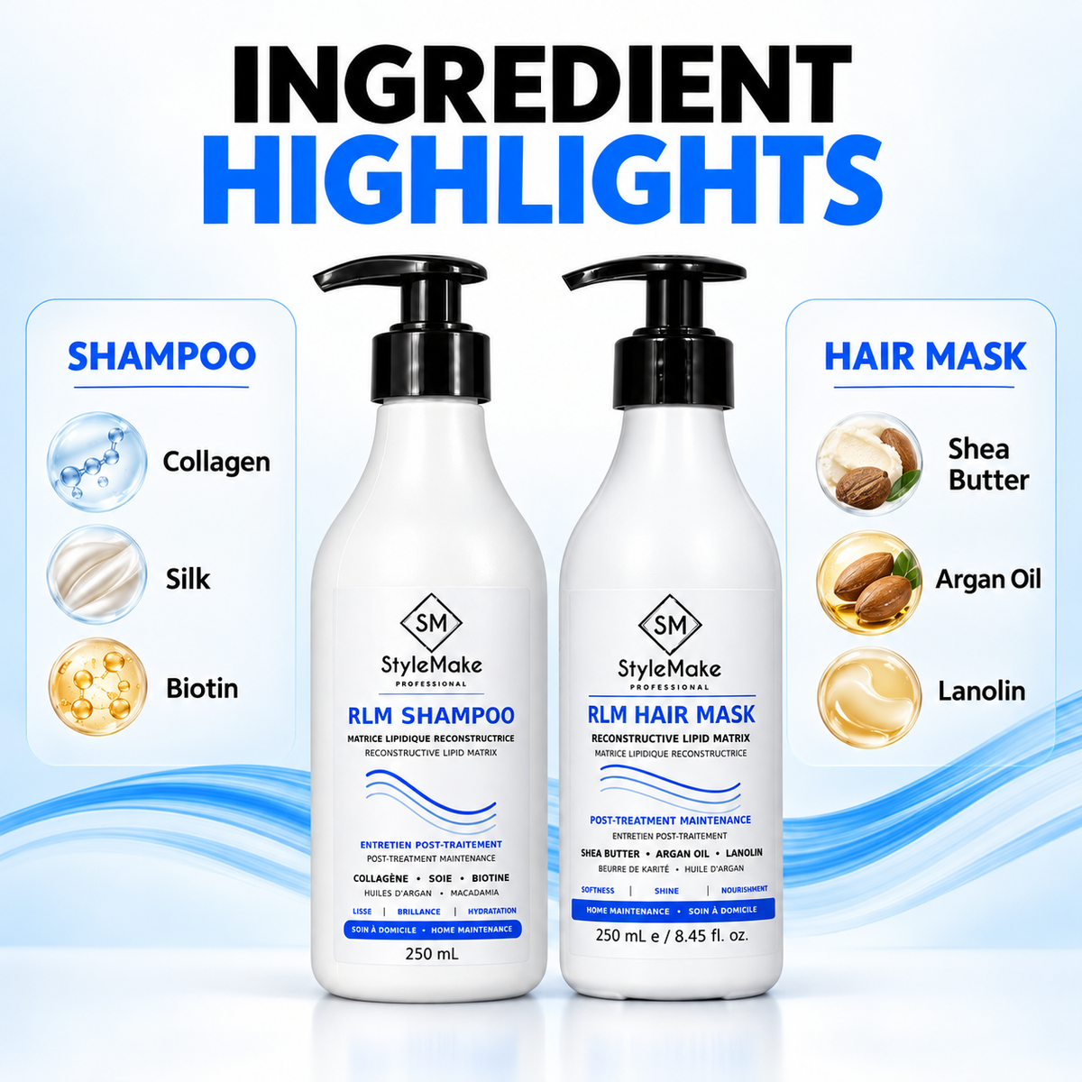 Two bottles of StyleMake RLM hair care products on a light blue graphic background with the headline 'INGREDIENT HIGHLIGHTS.' The left bottle is labeled RLM Shampoo and lists collagen, silk, and biotin. StyleMake RLM Shampoo and Hair Mask with collagen, silk, biotin, shea butter, argan oil and lanolin highlights