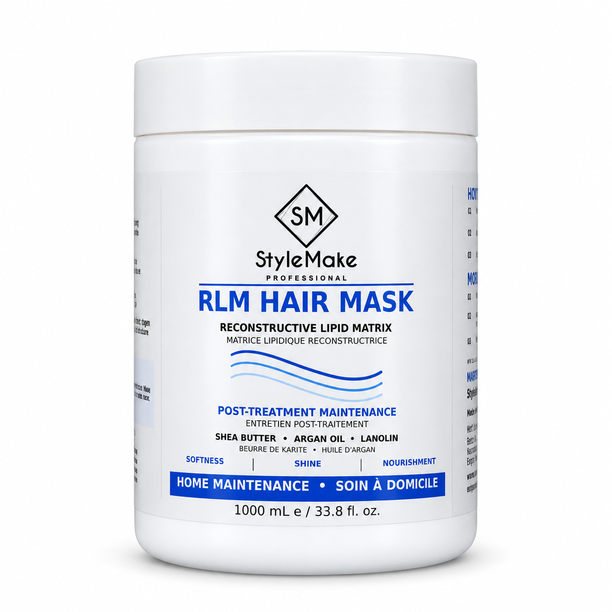 A white plastic bottle of StyleMake Professional RLM Hair Mask with a white label featuring blue and black text and graphics, set against a plain white background. StyleMake Professional RLM Hair Mask 1 L white tub for post-treatment hair care