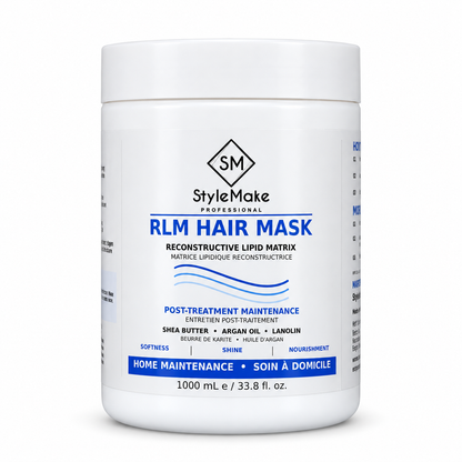 A white plastic bottle of StyleMake Professional RLM Hair Mask with a white label featuring blue and black text and graphics, set against a plain white background. StyleMake Professional RLM Hair Mask 1 L white tub for post-treatment hair care