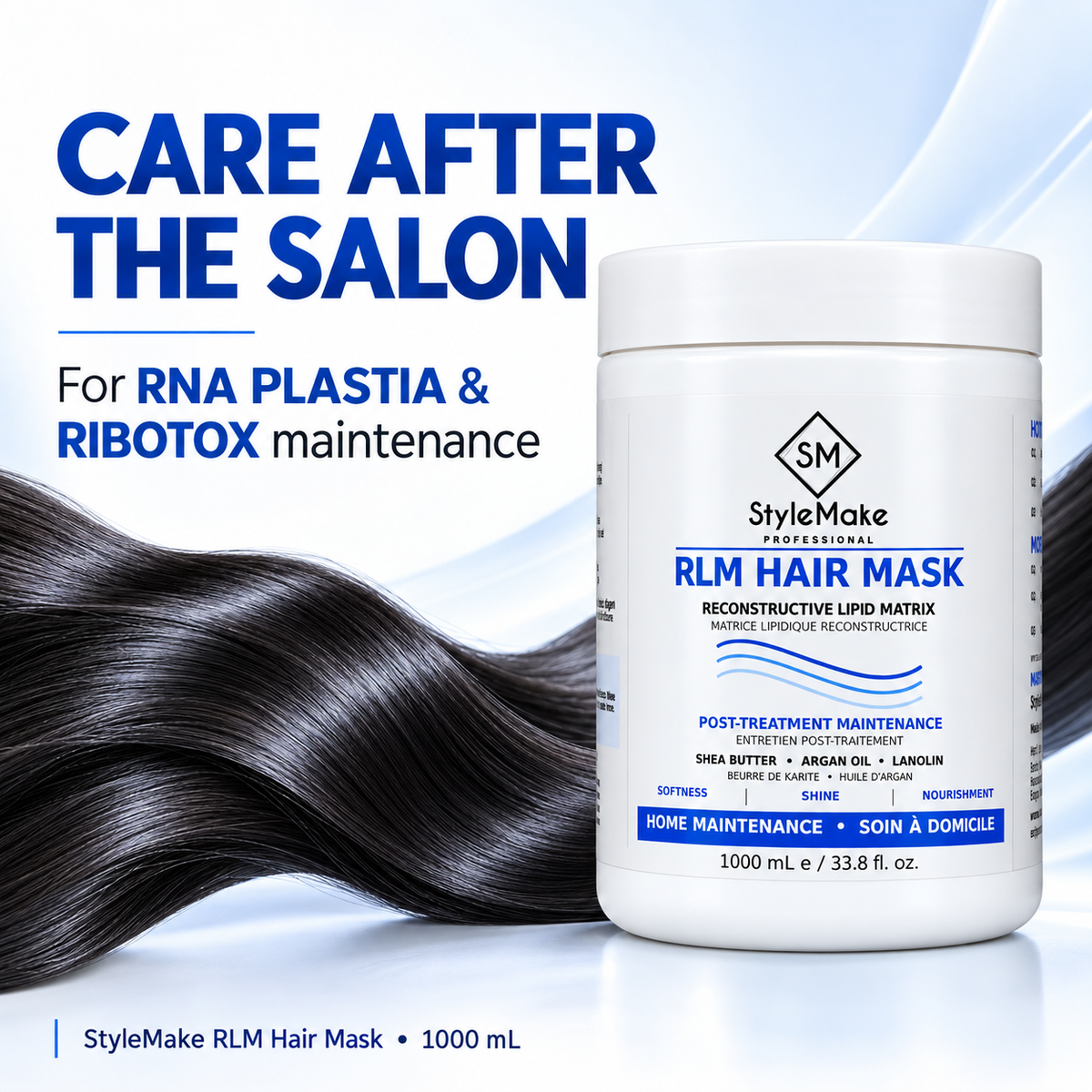 A white jar of StyleMake Professional RLM Hair Mask is shown next to a glossy black hair strand on a light blue graphic background with promotional text reading 'CARE AFTER THE SALON' and 'For RNA PLASTIA & RIBOTOX maintenance.'. StyleMake RLM Hair Mask 1 L beside glossy black hair, presented for RNA PLASTIA and RIBOTOX maintenance