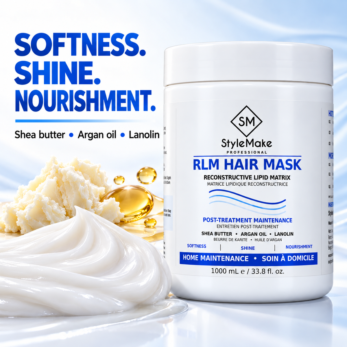 A white jar of StyleMake Professional RLM Hair Mask stands on a glossy white surface with a dollop of white hair mask and golden oil droplets beside it. Large blue text on the left reads 'SOFTNESS. StyleMake RLM Hair Mask with shea butter, argan oil and cream texture, highlighting softness, shine and nourishment