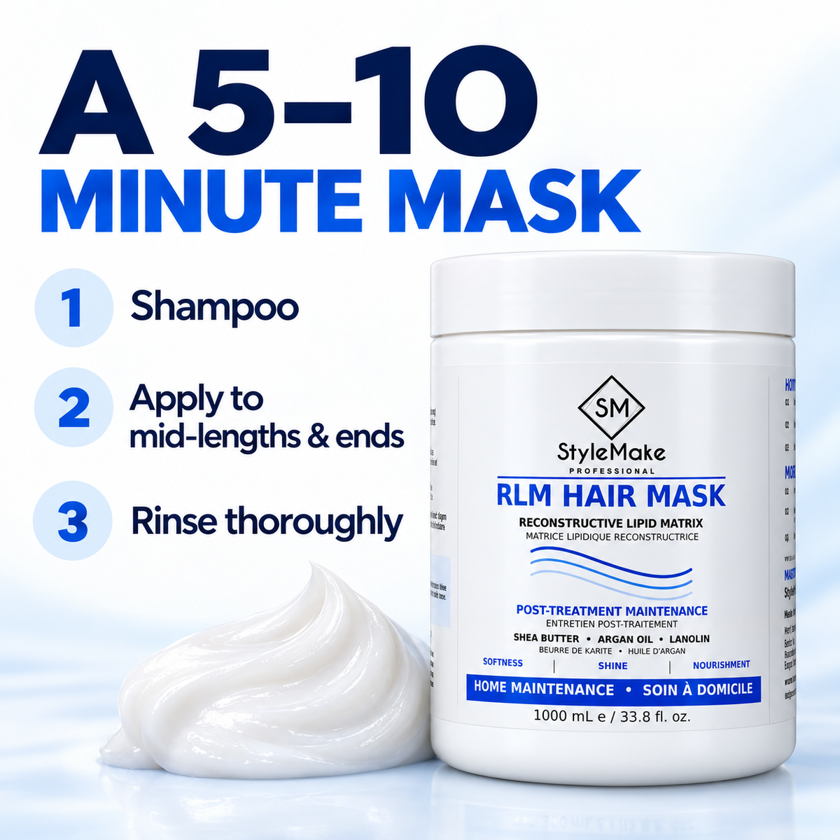 A white jar of StyleMake Professional RLM Hair Mask shown next to a dollop of white mask cream on a light blue background, with large text reading 'A 5-10 MINUTE MASK' and three step-by-step instructions on the left. StyleMake RLM Hair Mask 1 L with 5–10 minute use steps: shampoo, apply to mid-lengths and ends, then rinse