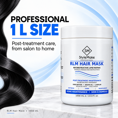 A white jar of StyleMake Professional RLM Hair Mask shown on a clean promotional background with large text reading 'PROFESSIONAL 1 L SIZE' and a curl of black hair on the left. StyleMake Professional RLM Hair Mask 1 L on a salon counter, highlighting post-treatment care from salon to home