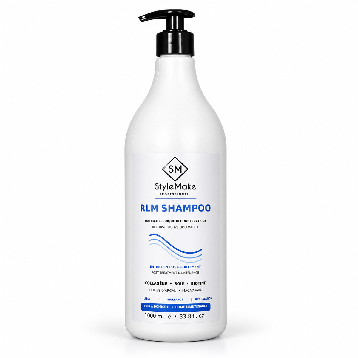 A 1000 mL white bottle of StyleMake Professional RLM Shampoo with a black pump dispenser, shown on a clean white background. StyleMake Professional RLM Shampoo 1 L white pump bottle with front label, photographed on a clean, pale studio background.
