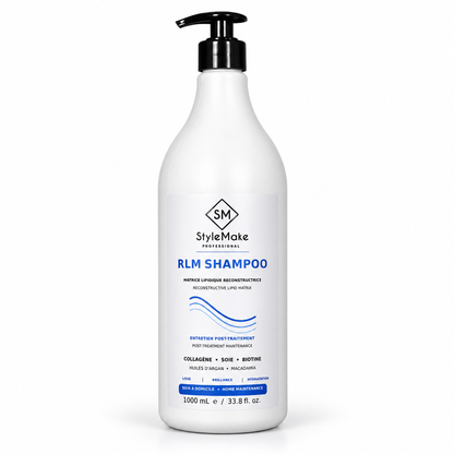 A 1000 mL white bottle of StyleMake Professional RLM Shampoo with a black pump dispenser, shown on a clean white background. StyleMake Professional RLM Shampoo 1 L white pump bottle with front label, photographed on a clean, pale studio background.