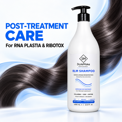 Front view of the StyleMake RLM Shampoo 1 L pump bottle on a bright white background, showing its post-treatment maintenance label.