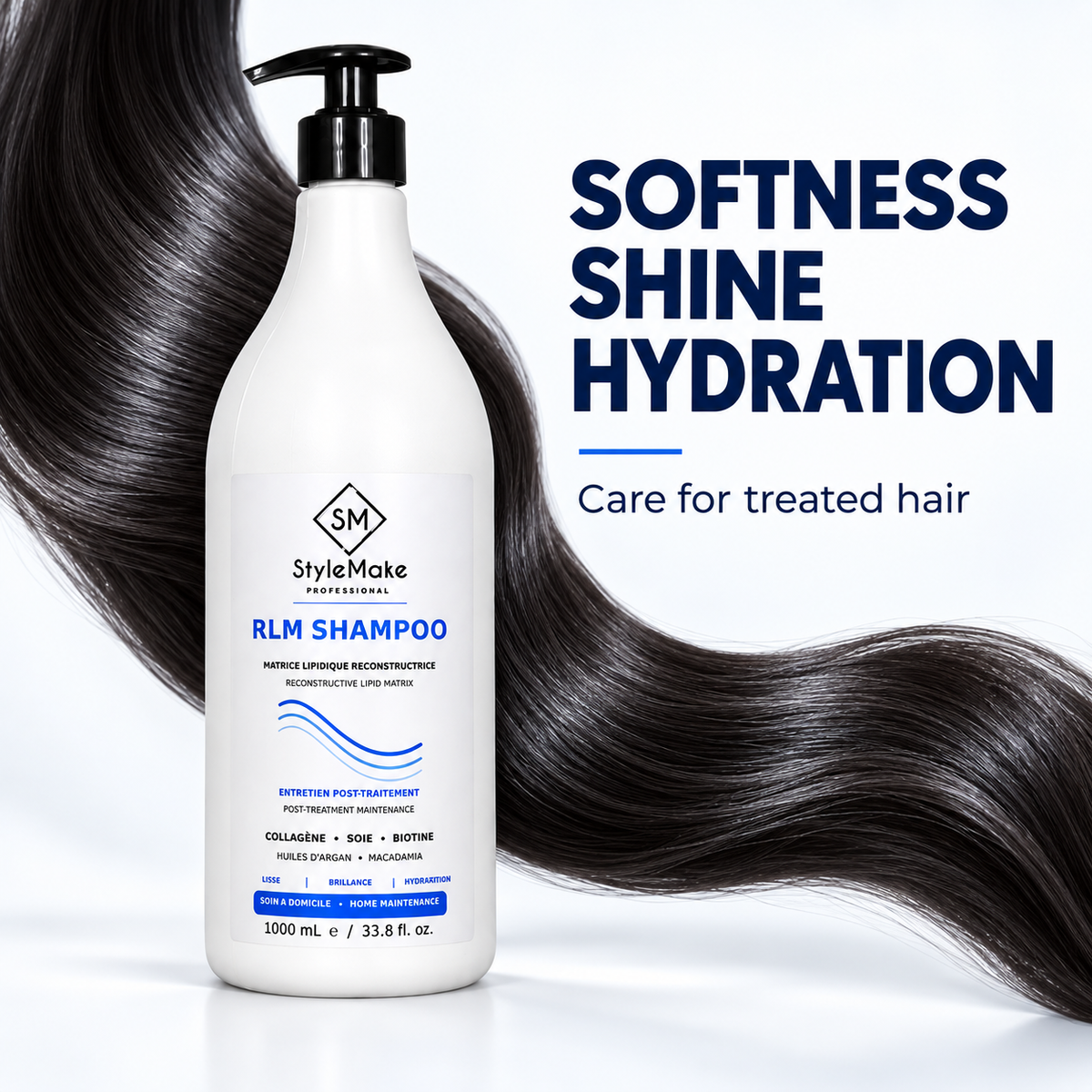 A bottle of StyleMake RLM Shampoo stands on a white background with a large, flowing black hair graphic behind it and promotional text reading 'SOFTNESS SHINE HYDRATION' and 'Care for treated hair.' The product itself is a white pump bottle with blue and black labeling. StyleMake RLM Shampoo 1 L beside flowing dark hair, with text identifying aftercare for RNA PLASTIA and RIBOTOX treatments. StyleMake RLM Shampoo 1 L beside flowing dark hair, with text identifying aftercare for RNA PLASTIA and RIBOTOX treat