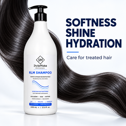 A bottle of StyleMake RLM Shampoo stands on a white background with a large, flowing black hair graphic behind it and promotional text reading 'SOFTNESS SHINE HYDRATION' and 'Care for treated hair.' The product itself is a white pump bottle with blue and black labeling. StyleMake RLM Shampoo 1 L beside flowing dark hair, with text identifying aftercare for RNA PLASTIA and RIBOTOX treatments. StyleMake RLM Shampoo 1 L beside flowing dark hair, with text identifying aftercare for RNA PLASTIA and RIBOTOX treat