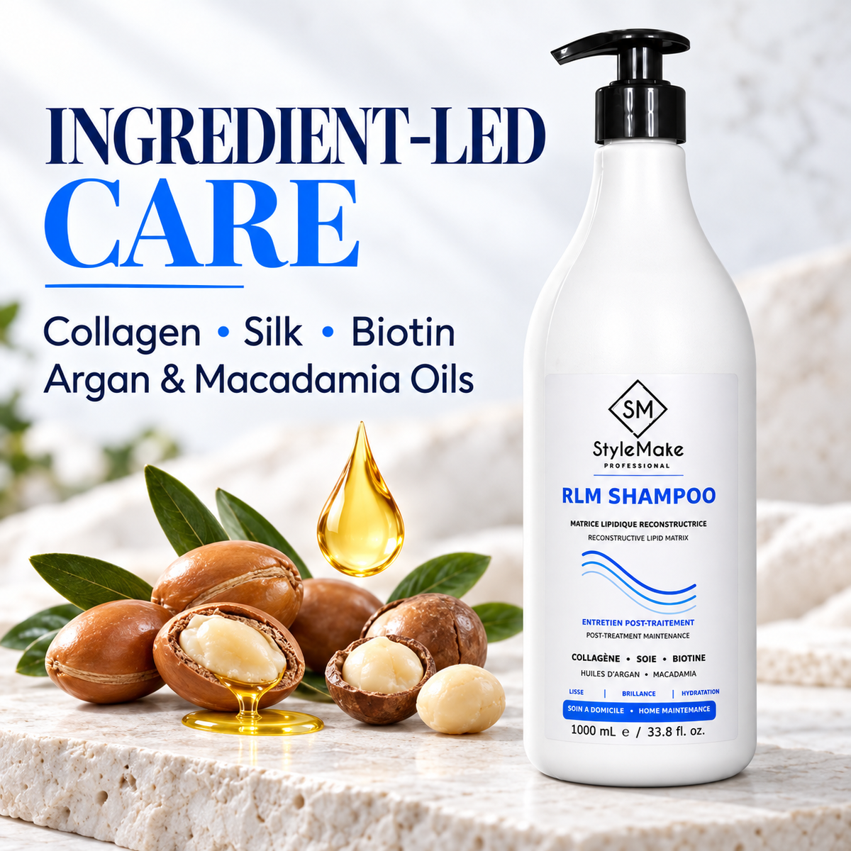 A bottle of StyleMake Professional RLM Shampoo stands on a stone surface with argan nuts, a gold oil drop, and green leaves. Large text reads 'INGREDIENT-LED CARE' and lists collagen, silk, biotin, argan, and macadamia oils. StyleMake RLM Shampoo 1 L with glossy dark hair and a graphic highlighting softness, shine and hydration for treated hair. StyleMake RLM Shampoo 1 L beside nuts and golden oil, with a graphic highlighting collagen, silk, biotin, argan and macadamia oils.