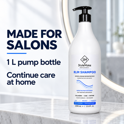 A large white pump bottle of StyleMake Professional RLM Shampoo stands on a marble surface in front of a softly blurred bathroom mirror. Large text on the left reads 'MADE FOR SALONS', '1 L pump bottle', and 'Continue care at home'. StyleMake RLM Shampoo 1 L pump bottle on a salon counter, with a graphic highlighting salon use and continued care at home.