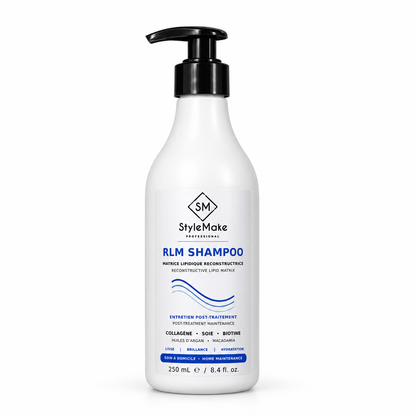 StyleMake Professional RLM Shampoo 250 mL white pump bottle with post-treatment maintenance label on a white background