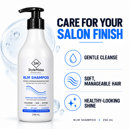 A bottle of StyleMake RLM Shampoo for post-treatment maintenance, shown on a clean white background with promotional text and icons highlighting gentle cleanse, soft manageable hair, and healthy-looking shine.