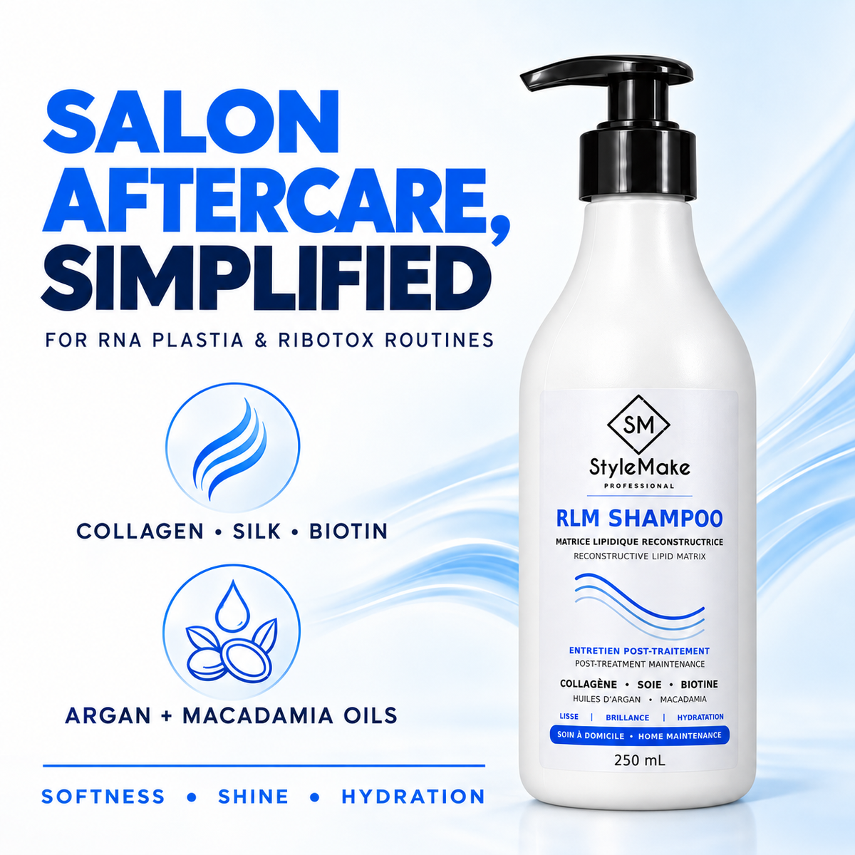 A bottle of StyleMake Professionals LRM Shampoo for hair and skin maintenance, shown on a light blue and white background with promotional text highlighting collagen, silk, biotin, argan, and macadamia oils. StyleMake RLM Shampoo with collagen, silk, biotin, argan and macadamia callouts for RNA PLASTIA and RIBOTOX aftercare