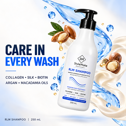 A bottle of StyleMake RLM Shampoo floating over a splash of white cream and blue water graphics, with argan and macadamia oil illustrations and the text 'CARE IN EVERY WASH' and 'COLLAGEN • SILK • BIOTIN ARGAN + MACADAMIA OILS'. Floating StyleMake RLM Shampoo 250 mL bottle with argan nuts, macadamia nuts and a silk ribbon