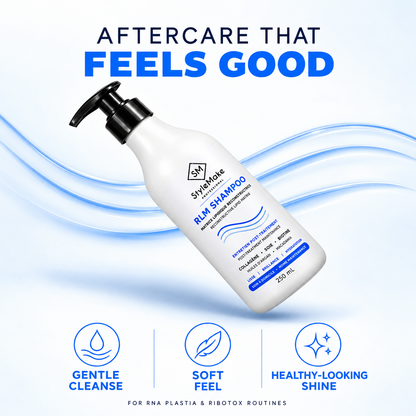 A bottle of Shengde RLM Shampoo with a black pump dispenser, set against a light blue and white background with graphic wave lines and text reading 'AFTERCARE THAT FEELS GOOD' and three feature icons below. Floating StyleMake RLM Shampoo bottle with gentle cleanse, soft feel and shine graphics for salon treatment aftercare