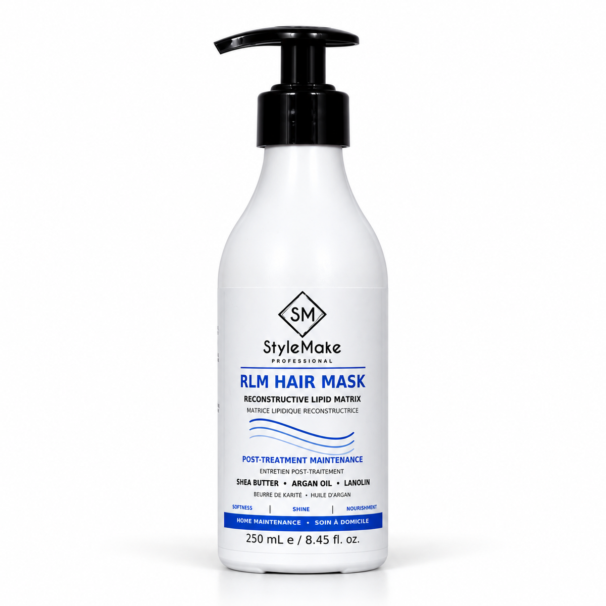 A white pump bottle of StyleMake Professional RLM Hair Mask post-treatment maintenance conditioner with a black pump dispenser, set against a plain white background. StyleMake RLM Hair Mask 250 mL pump bottle, post-treatment hair mask for maintaining softness and shine after salon hair treatments