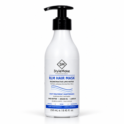 A white pump bottle of StyleMake Professional RLM Hair Mask post-treatment maintenance conditioner with a black pump dispenser, set against a plain white background. StyleMake RLM Hair Mask 250 mL pump bottle, post-treatment hair mask for maintaining softness and shine after salon hair treatments
