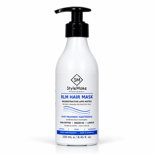 A white pump bottle of StyleMake Professional RLM Hair Mask post-treatment maintenance conditioner with a black pump dispenser, set against a plain white background. StyleMake RLM Hair Mask 250 mL pump bottle, post-treatment hair mask for maintaining softness and shine after salon hair treatments