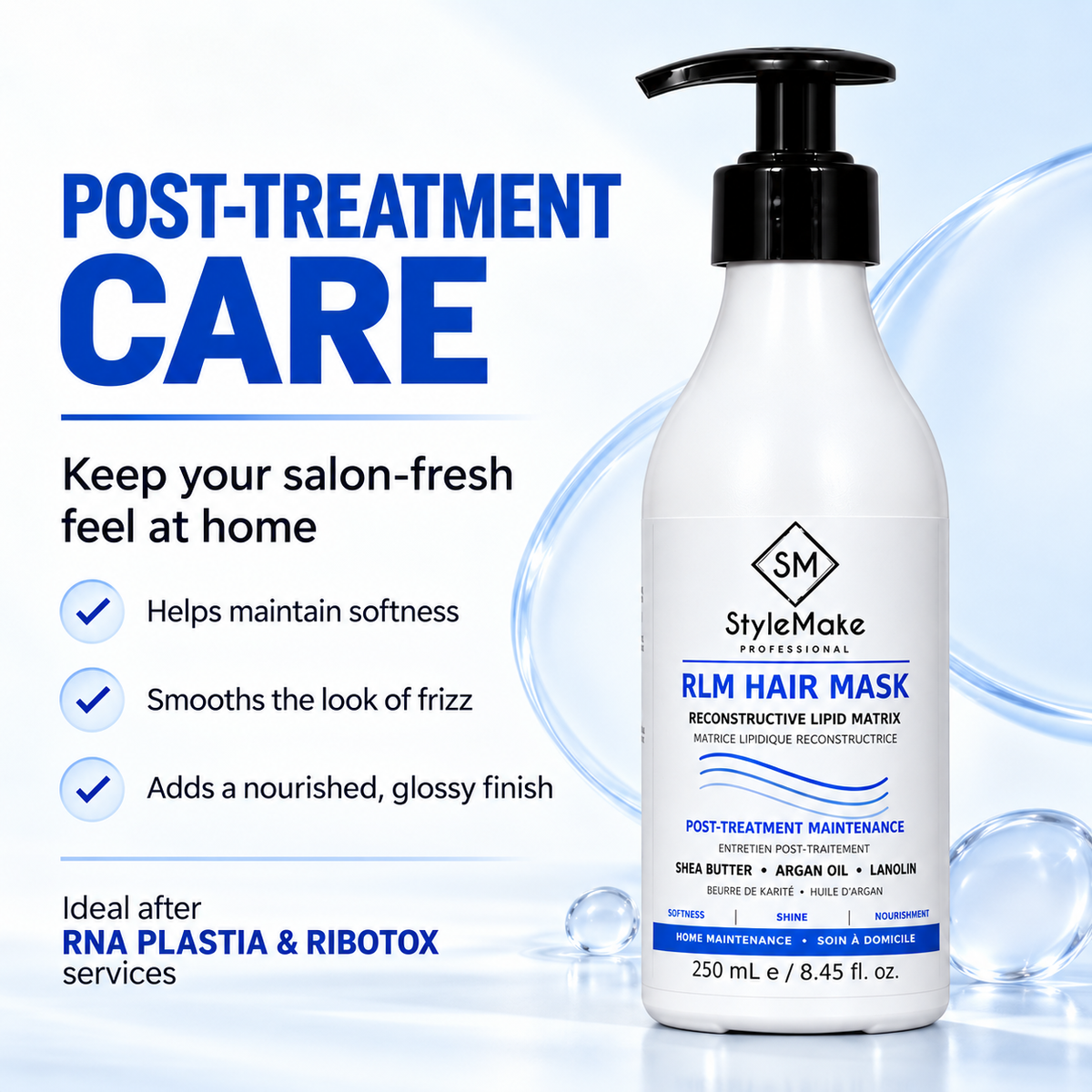 A bottle of StyleMake Professionals RLM Hair Mask post-treatment maintenance shampoo on a light blue background with promotional text on the left. StyleMake RLM Hair Mask 250 mL for post-treatment care after RNA PLASTIA and RIBOTOX salon services, highlighting softness, frizz control and shine