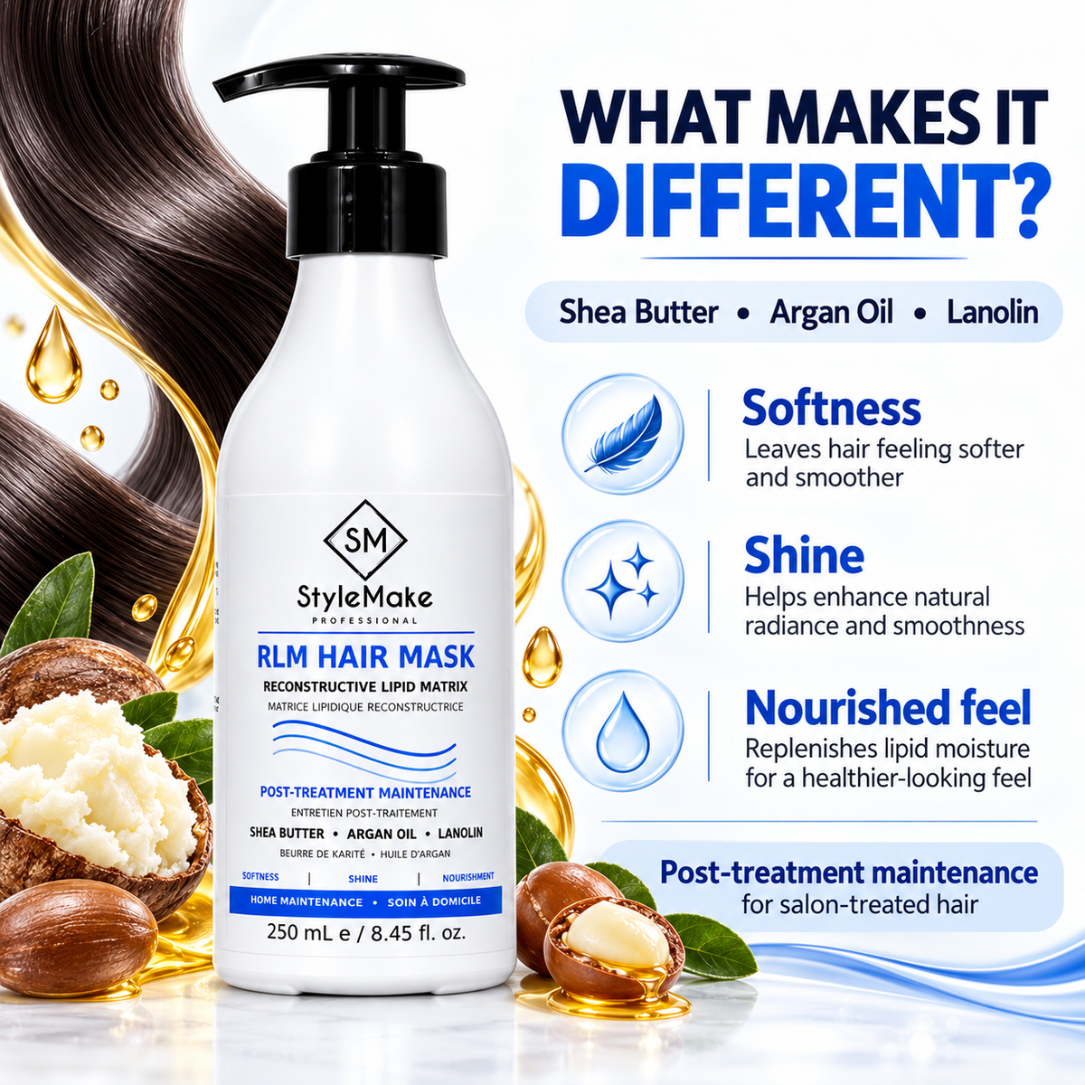 SM StyleMake Professionals RLM Hair Mask bottle on a white background with promotional text, hair strands, shea nuts, and oil droplets. The ad highlights softness, shine, and nourished feel for salon-treated hair. StyleMake RLM Hair Mask with shea butter, argan oil and lanolin, highlighting softness, shine and nourishment for salon-treated hair