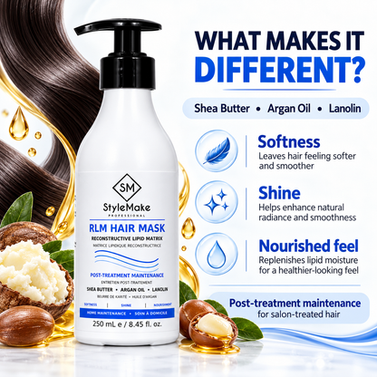 SM StyleMake Professionals RLM Hair Mask bottle on a white background with promotional text, hair strands, shea nuts, and oil droplets. The ad highlights softness, shine, and nourished feel for salon-treated hair. StyleMake RLM Hair Mask with shea butter, argan oil and lanolin, highlighting softness, shine and nourishment for salon-treated hair