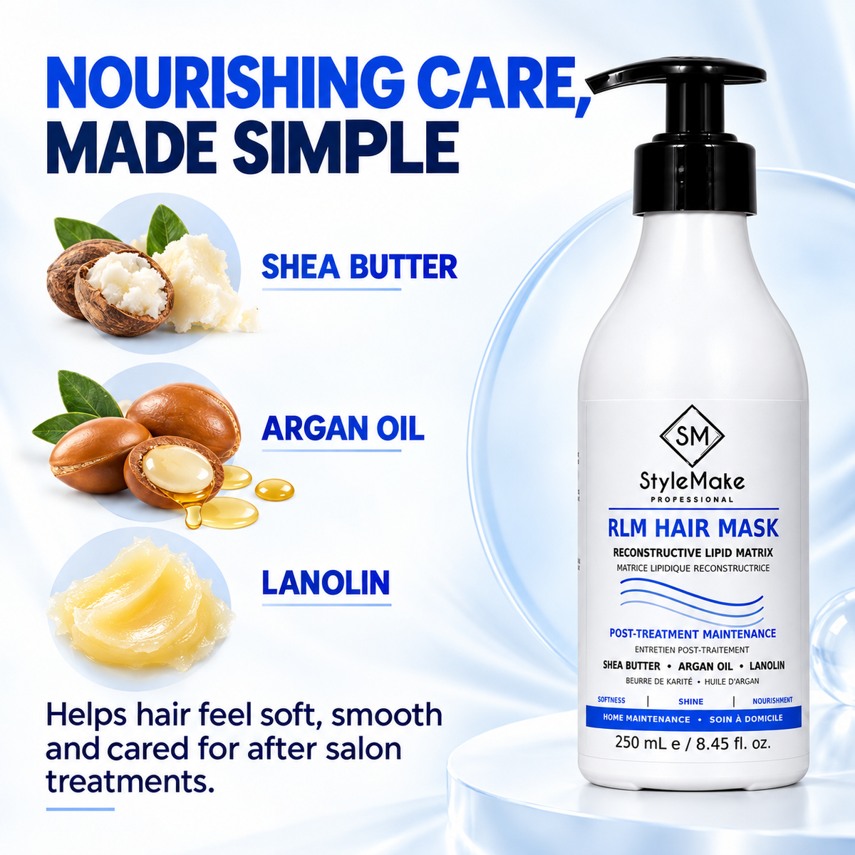 A bottle of StyleMake Professional RLM Hair Mask post-treatment maintenance hair care, shown on a light blue graphic background with ingredient callouts for shea butter, argan oil, and lanolin. StyleMake RLM Hair Mask 250 mL beside shea butter, argan oil and lanolin, ingredients for soft and smooth-feeling hair after salon treatments