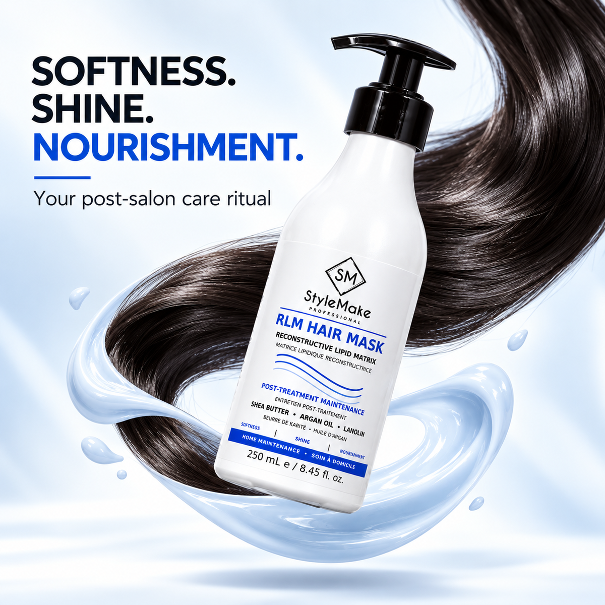A bottle of StyleMake RLM Hair Mask post-treatment maintenance liquid, shown floating over a splash of glossy black hair against a light blue background with promotional text. StyleMake RLM Hair Mask 250 mL creative product image with flowing dark hair, highlighting softness, shine and post-salon nourishment